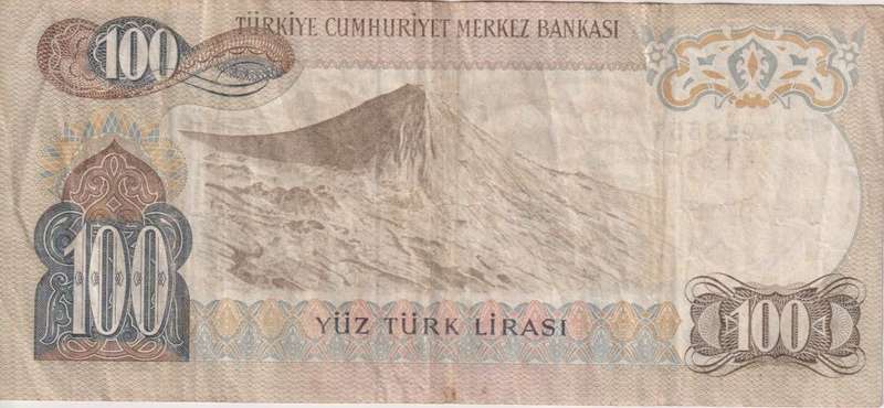 Turkey, 100 Lira, L. 1970  P-189 VF Mt. Ararat on back