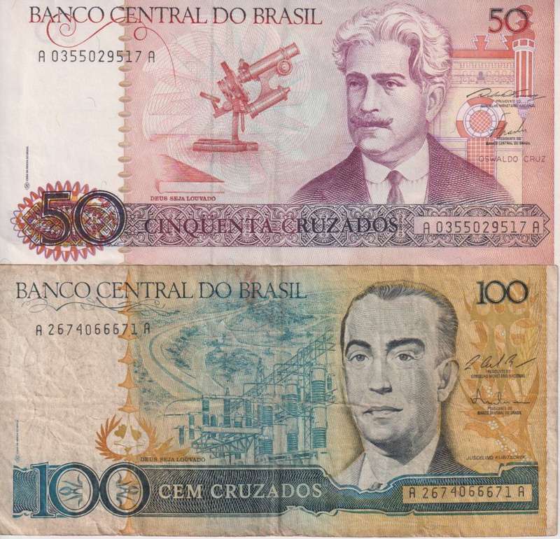 2 x Brazil banknotes 50 & 100 cruzados VF