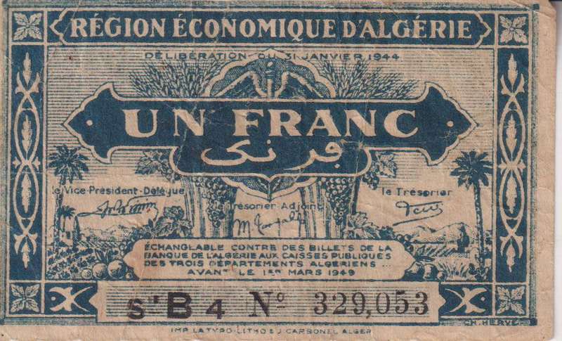 Algeria 1 Franc 1944 - 1949 P-98 RARE TUNISIA ALGERIE TUNISIE F-CONDITION
