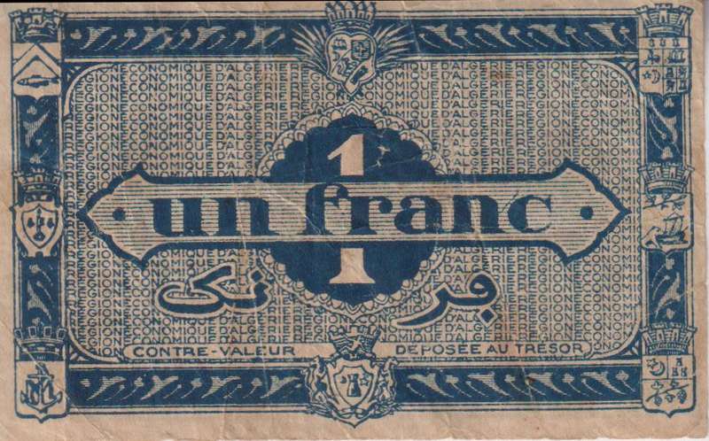 Algeria 1 Franc 1944 - 1949 P-98 RARE TUNISIA ALGERIE TUNISIE F-CONDITION