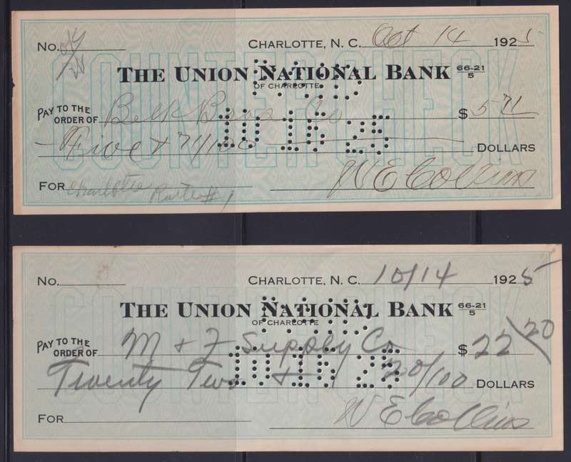 STARTING @ R1 - 2 USED CHEQUES WITH PERFINS - UNION NATIONAL BANK, USA - 1925