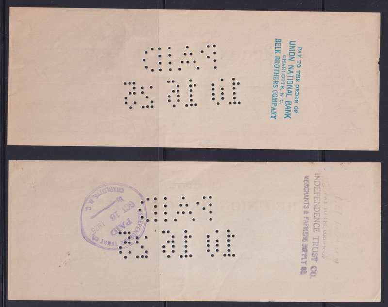 STARTING @ R1 - 2 USED CHEQUES WITH PERFINS - UNION NATIONAL BANK, USA - 1925