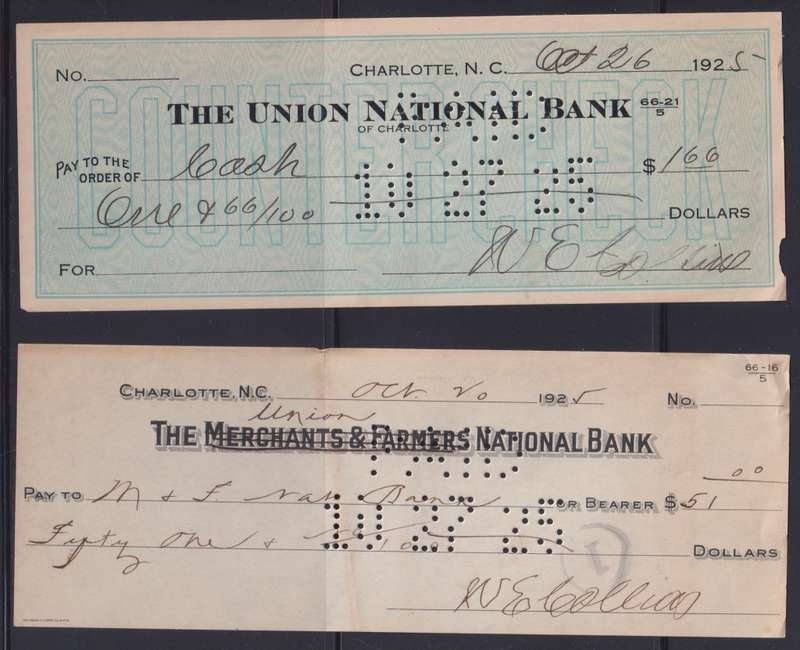 STARTING @ R1 - 2 USED CHEQUES WITH PERFINS - UNION NATIONAL BANK, USA - 1925