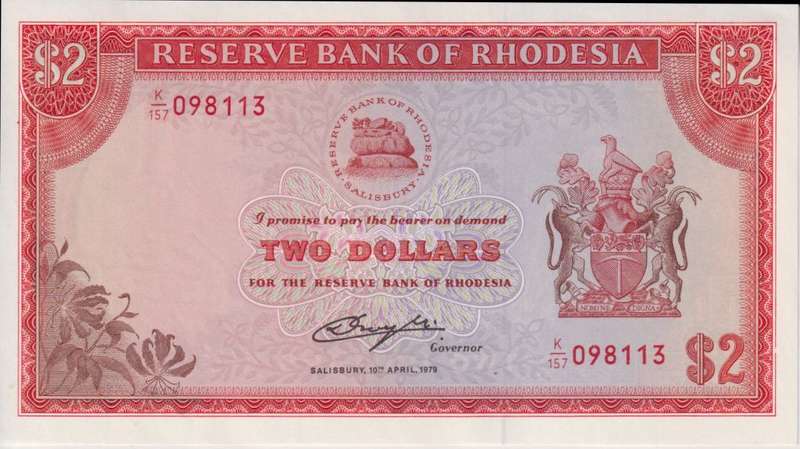 RHODESIA 2 DOLLARS 1979 ZIMBABWE BIRD WATERMARK P35d UNC
