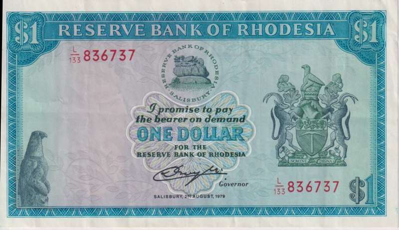 RHODESIA 1 DOLLAR 2 August 1979 Zimbabwe Bird WATERMARK P38a VF