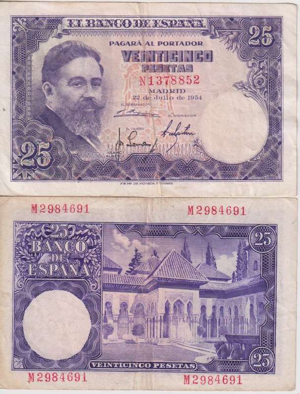 Spain  25 Pesetas 1954 - P147 VF