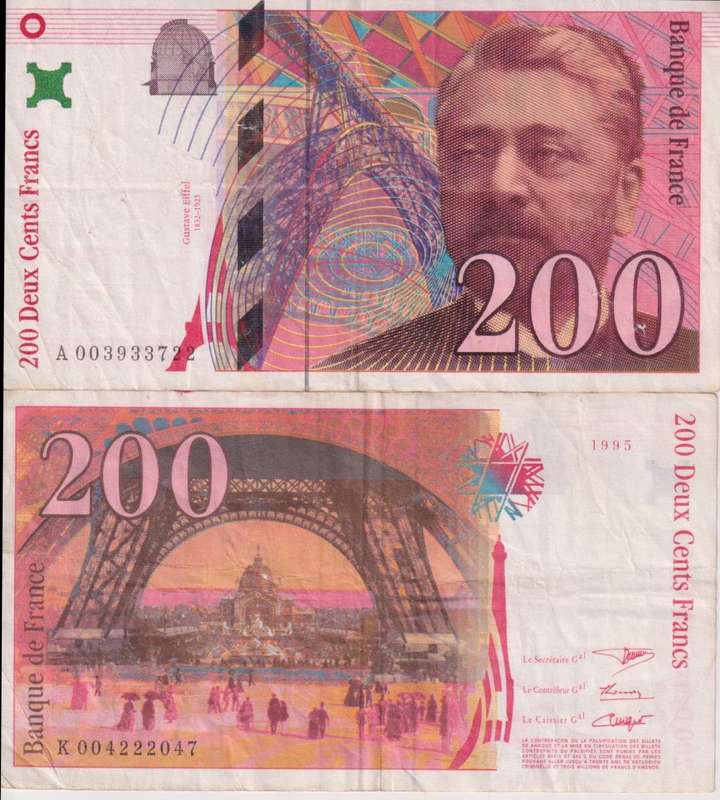France 200 Francs 1997 P 159b VF with Staple Holes