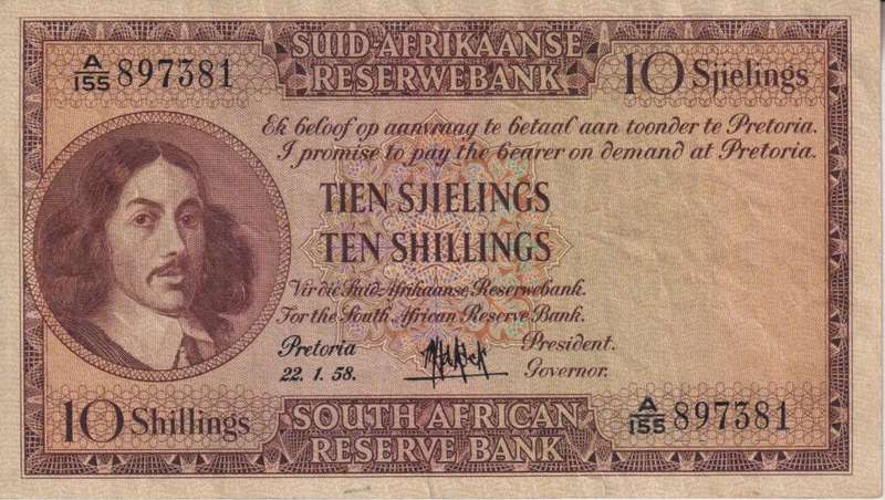 UNION OF SOUTH AFRICA - 10 SHILLINGS M.H. de Kock A/155 1958 #59 XF
