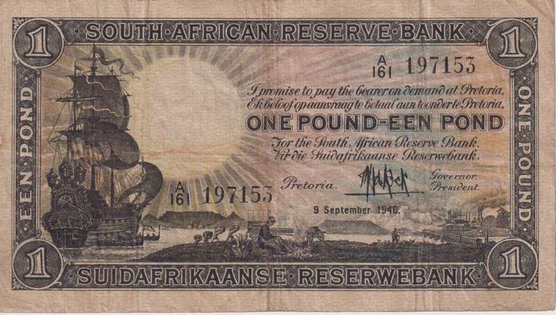 UNION OF SOUTH AFRICA - 1 POND M.H. de Kock A/161 1946 #106 VF