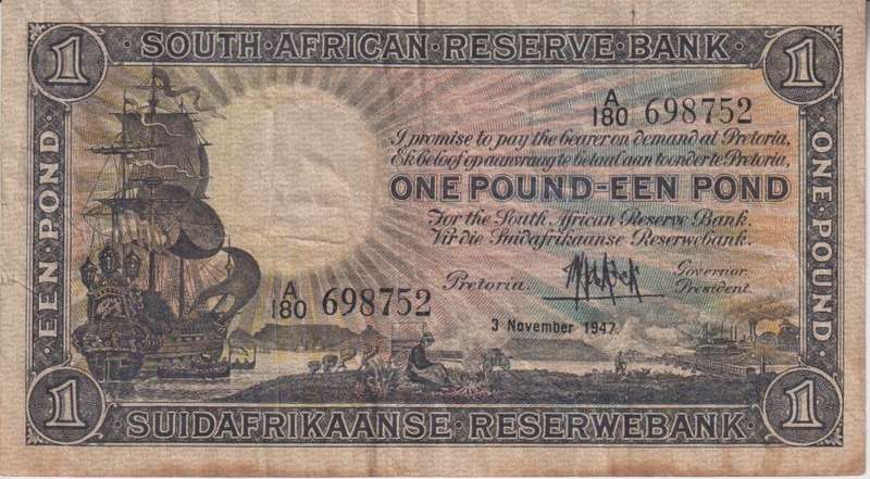 UNION OF SOUTH AFRICA - 1 POND M.H. de Kock A/180 1947 #107 VF