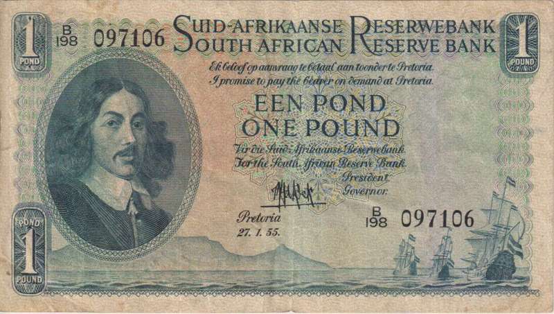 UNION OF SOUTH AFRICA - 1 POUND M.H. de Kock B/198 1955 #137 VF