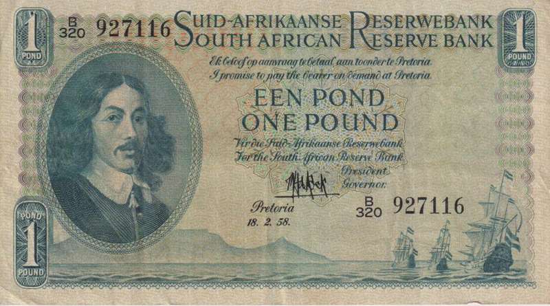 UNION OF SOUTH AFRICA - 1 POND M.H. de Kock B/320 18/02/1958 #140 VF