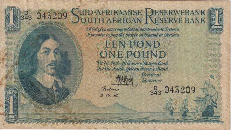 UNION OF SOUTH AFRICA - 1 POND M.H. de Kock B/343 9/10/1958 #140 VF