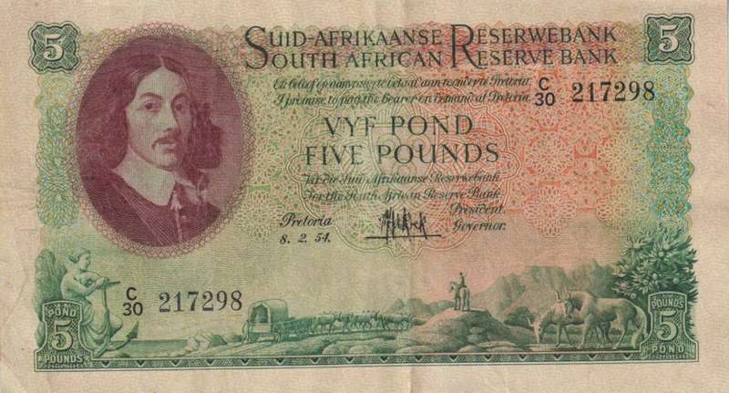 UNION OF SOUTH AFRICA - 5 POND M.H. de Kock C/30 1954 #194 XF
