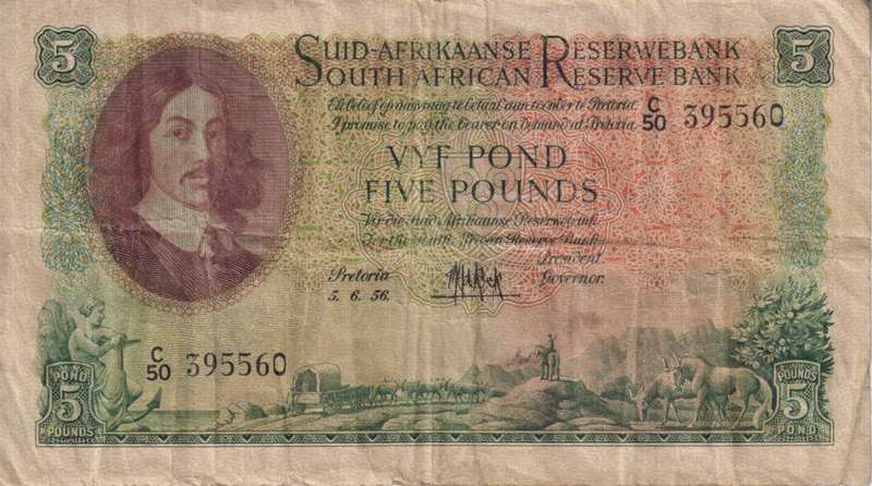 UNION OF SOUTH AFRICA - 5 POND M.H. de Kock C/50 5/6/1956  #196 F