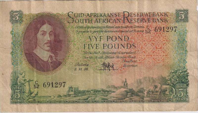 UNION OF SOUTH AFRICA - 5 POND M.H. de Kock C/52 5/11/1958 #198 F