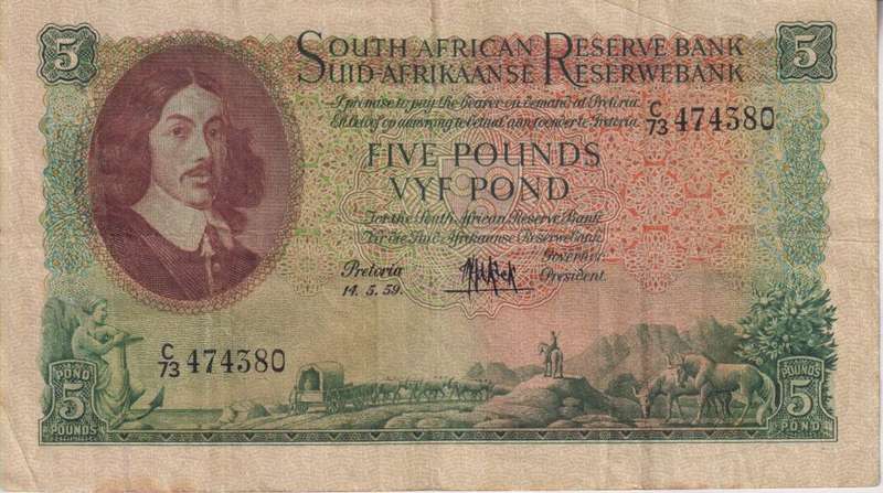 UNION OF SOUTH AFRICA - 5 POND M.H. de Kock 3RD ISSUE C/73 14/05/1959 #199 VF