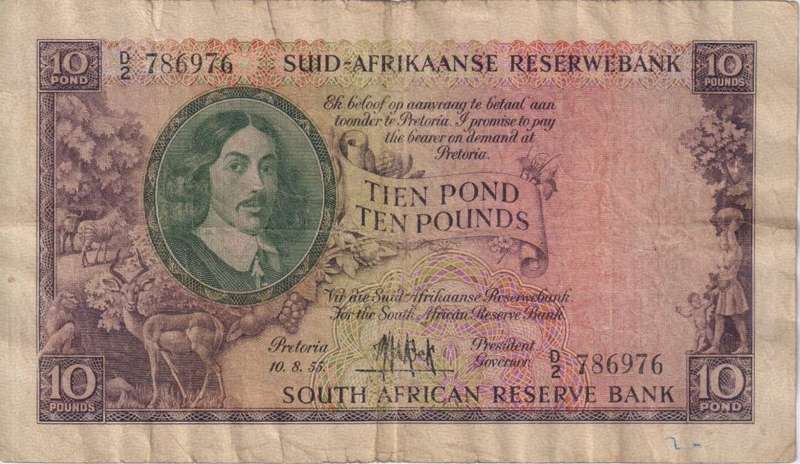 UNION OF SOUTH AFRICA - 10 POND M.H. de Kock D/2 10/8/1955 #208 F
