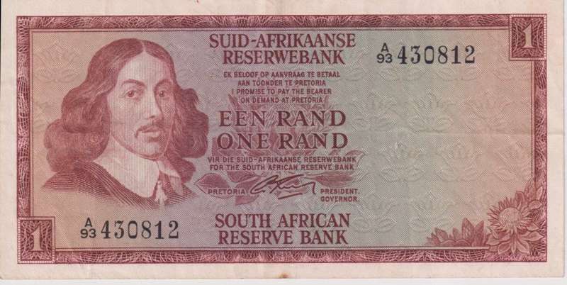 REPUBLIC OF SOUTH AFRICA - 1 RAND G.Rissik A/93 1966 #A/E 323 VF