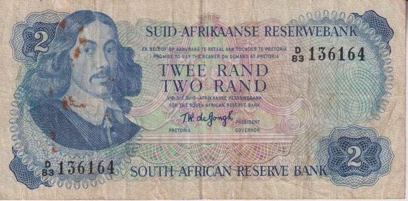 REPUBLIC OF SOUTH AFRICA - 2 RAND T.W.de Jongh D/83 1974 #A/E 381 F (note dirty)