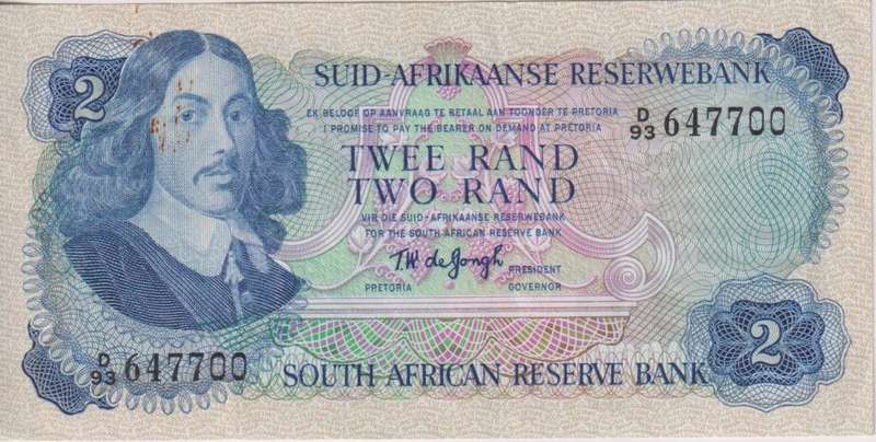 REPUBLIC OF SOUTH AFRICA - 2 RAND T.W.de Jongh D/93  1974 #A/E 381 XF