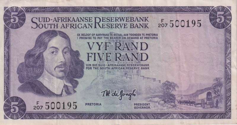 REPUBLIC OF SOUTH AFRICA - 5 RAND T.W.de Jongh F/207  1967  A/E 432 VF