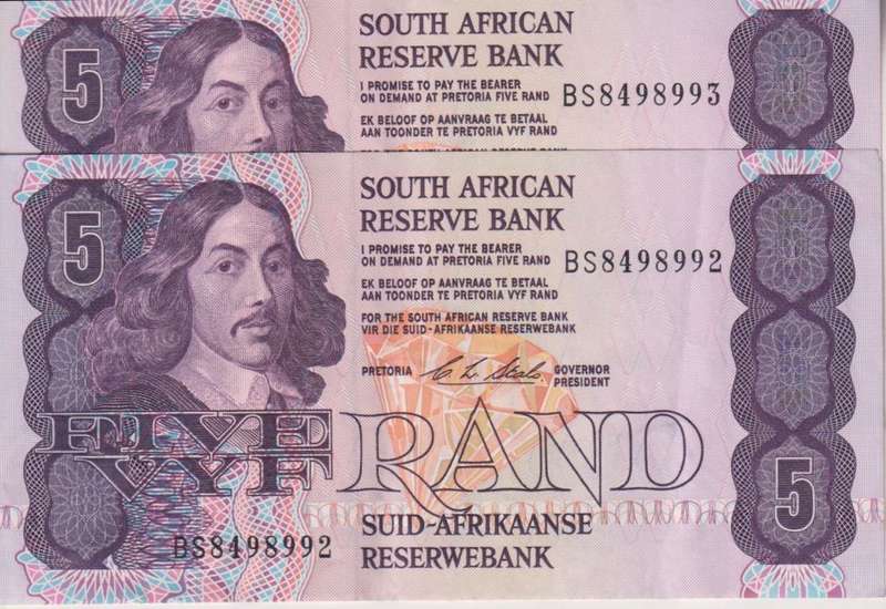 REPUBLIC OF SOUTH AFRICA - 5 RAND X 2 sequential# C.L.Stals BS  1990 E/A 468 XF