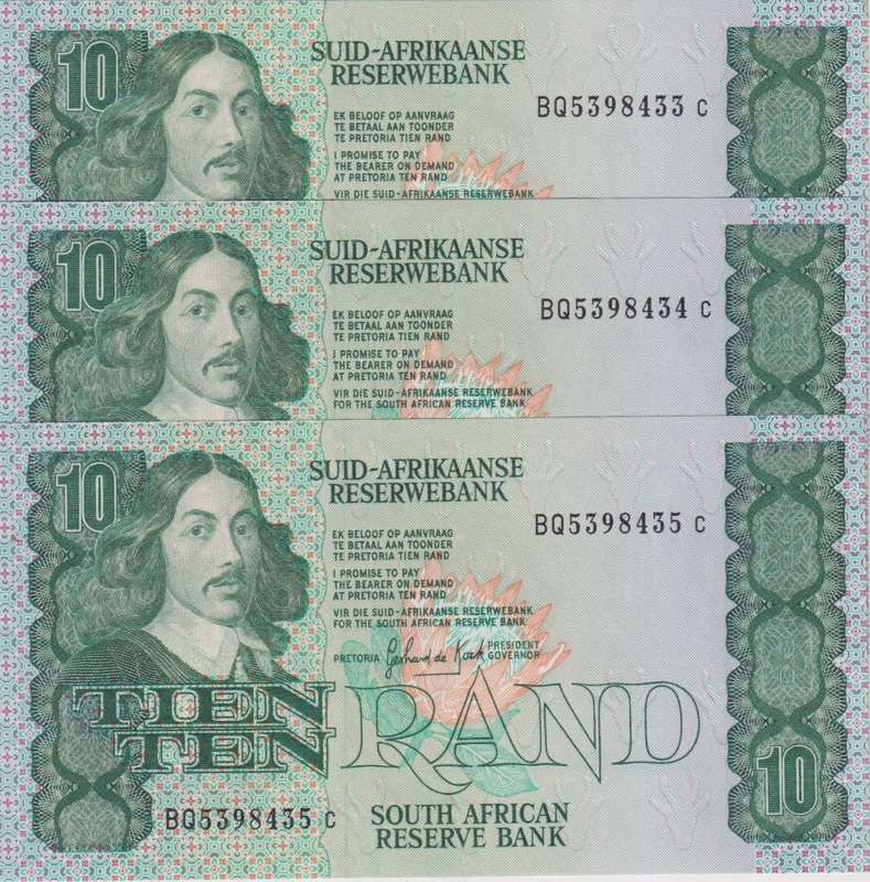 REPUBLIC OF SOUTH AFRICA - 10 RAND X 3 sequential# G.P.C.de Kock BQ  1985  A/E 542 UNC