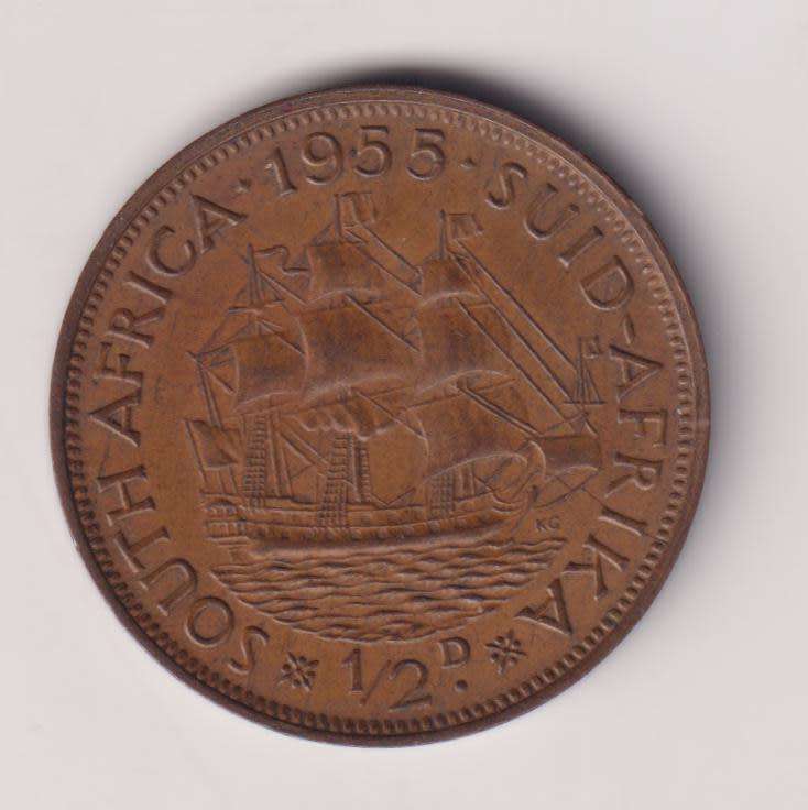 UNION OF SOUTH AFRICA - ½ Penny - QUEEN ELIZABETH II 1955  Bronze