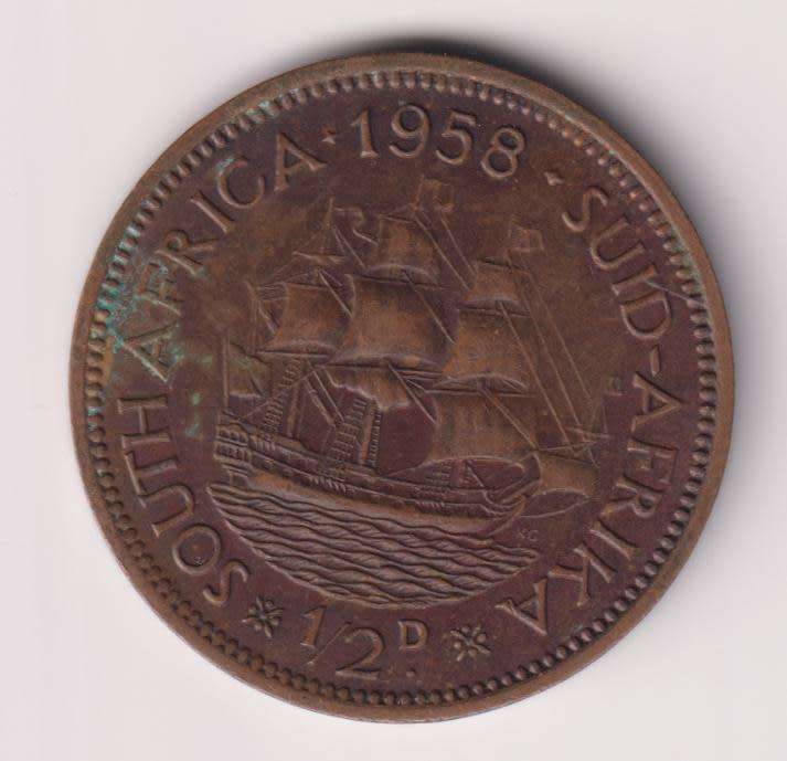 UNION OF SOUTH AFRICA - ½ Penny - QUEEN ELIZABETH II 1958  Bronze