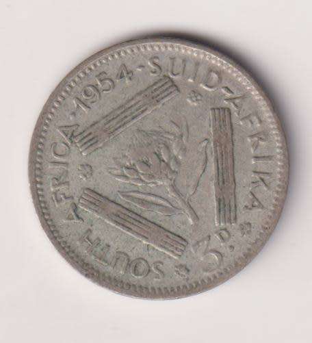 UNION OF SOUTH AFRICA - 3d - TICKEY - Queen Elizabeth ll - 1954 - Silver