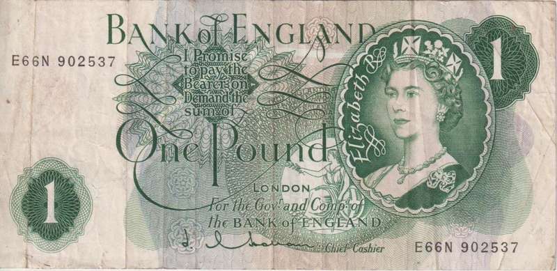 Bank of England Great Britain 1 Pound 1962-1966 `Hollom` P374 F (Tear)