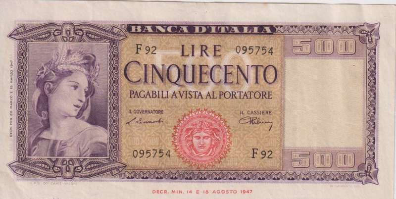 ITALY 500 LIRE 1947-61 P80 VF+