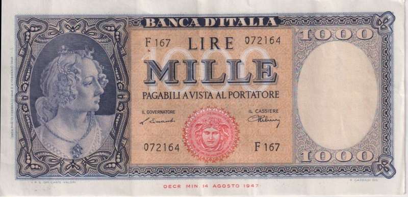 ITALY 1000 LIRE 1947-48 P83 VF+