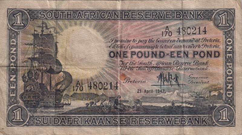 UNION OF SOUTH AFRICA - 1 POND M.H. de Kock A/170 1947 #107 VF