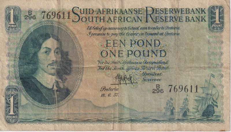 UNION OF SOUTH AFRICA - 1 POUND M.H. de Kock B/296 1955 #137 VF