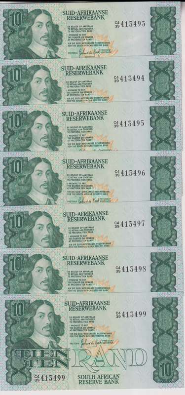 REPUBLIC OF SOUTH AFRICA - 10 RAND X 7 sequential# G.P.C.de Kock C4 1982 A/E 534 UNC