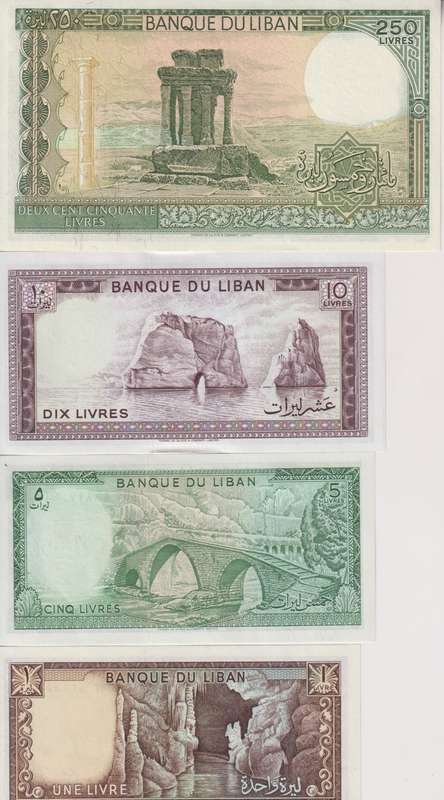 LEBANON 1,5,10,250 LIVRES 1980-1987 P61,62,63,67 UNC