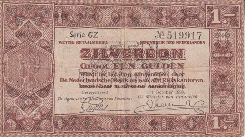NETHERLANDS 1 GULDEN SILVER VOUCHER 1938 P61 VF (PIN HOLES)