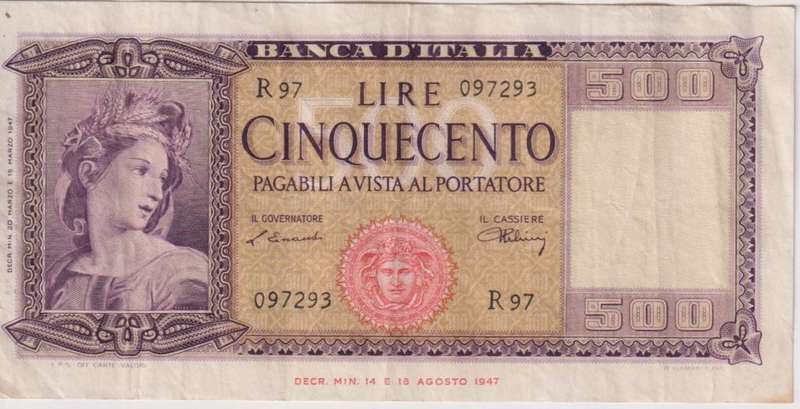 ITALY 500 LIRE 1947-61 P80 VF+