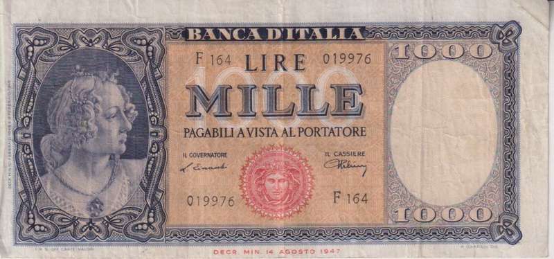ITALY 1000 LIRE 1947-48 P83 VF+