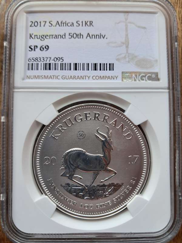 DISCOUNTED! NGC SILVER 1 OZ KRUGER RAND NGC GRADED SP69 50 th anniversary 2017