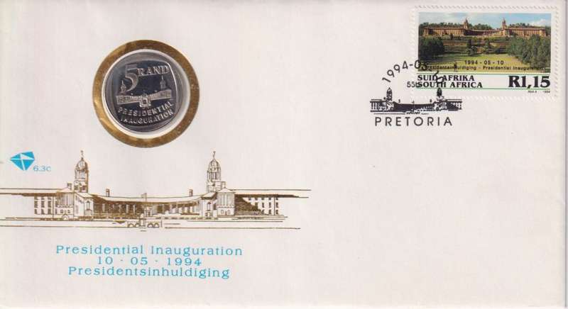 SOUTH AFRICA 1994 FDC#6.3c PRESIDENTIAL INAUGURATION WITH R5 COIN - NELSON MANDELA