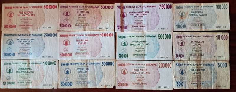 ZIMBABWE 5000 THOUSAND TO 500 MILLION DOLLARS BEARER CHEQUE 2007-2008 USED (12 BANKNOTES)