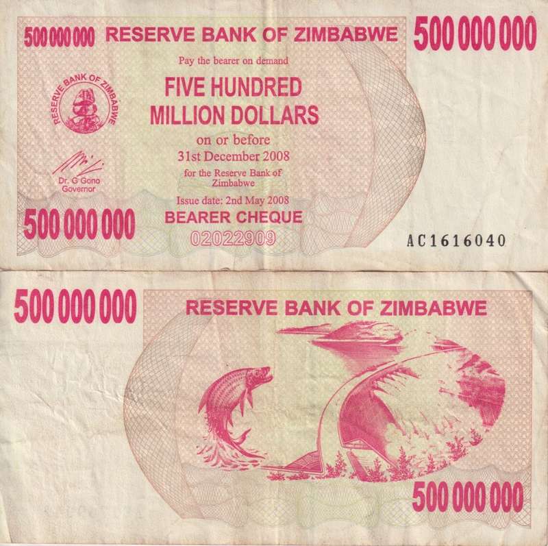 Zimbabwe 500,000,000 (500 MILLION) Dollars BEARER`S CHEQUE 2008 VF