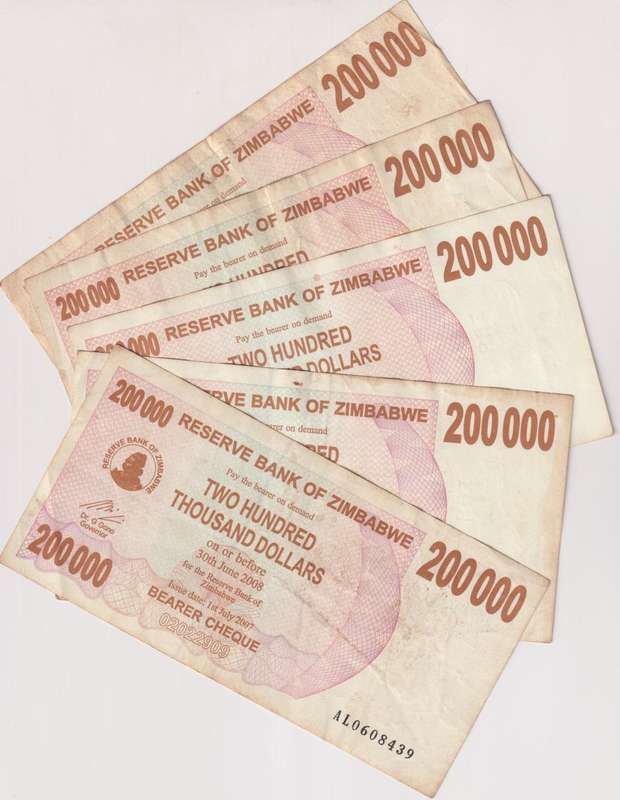 5 X Zimbabwe 200,000 Dollars Bearer Cheque 2007 P-49 VF