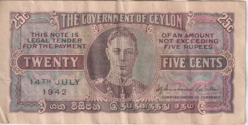CEYLON 25 Cents 1942 P-44a.2 VF - SCARCE