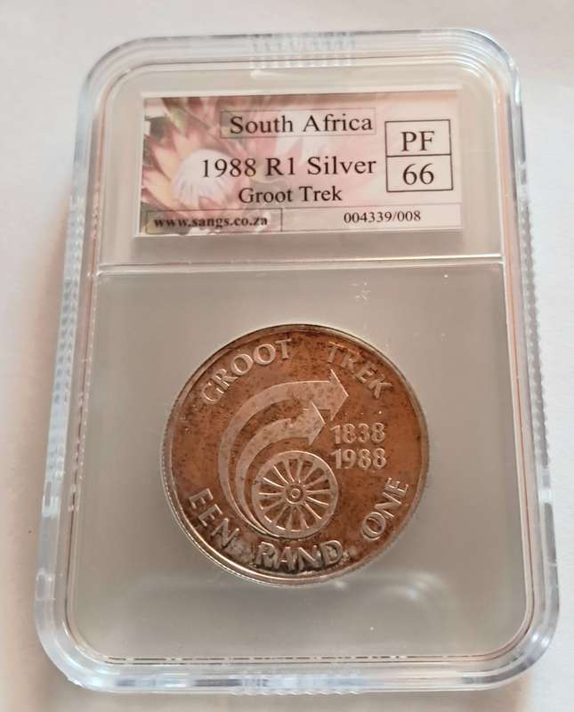 SOUTH AFRICA - SILVER PROOF ONE RAND GROOT TREK R1 SANGS GRADED PF66