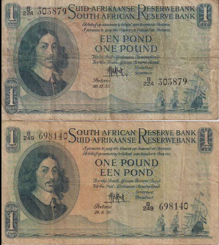 2 X UNION OF SOUTH AFRICA - 1 POUND M.H. de Kock A/E&E/A B/224&B/249 1955/56 137/8 VF