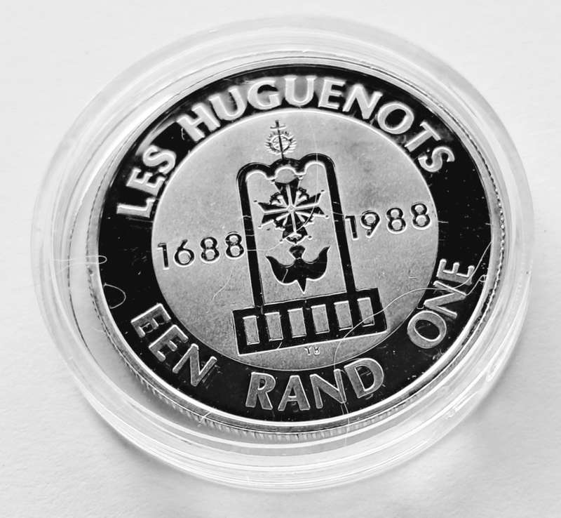 SOUTH AFRICA - 1 RAND 1988 SILVER - HUGEONOTS PROOF COIN (IN CAPSULE)